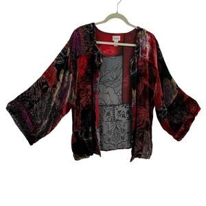 Chicos 2 Silk Velvet Burnout Open Kimono Large Floral Burgundy Whimsygoth Boho